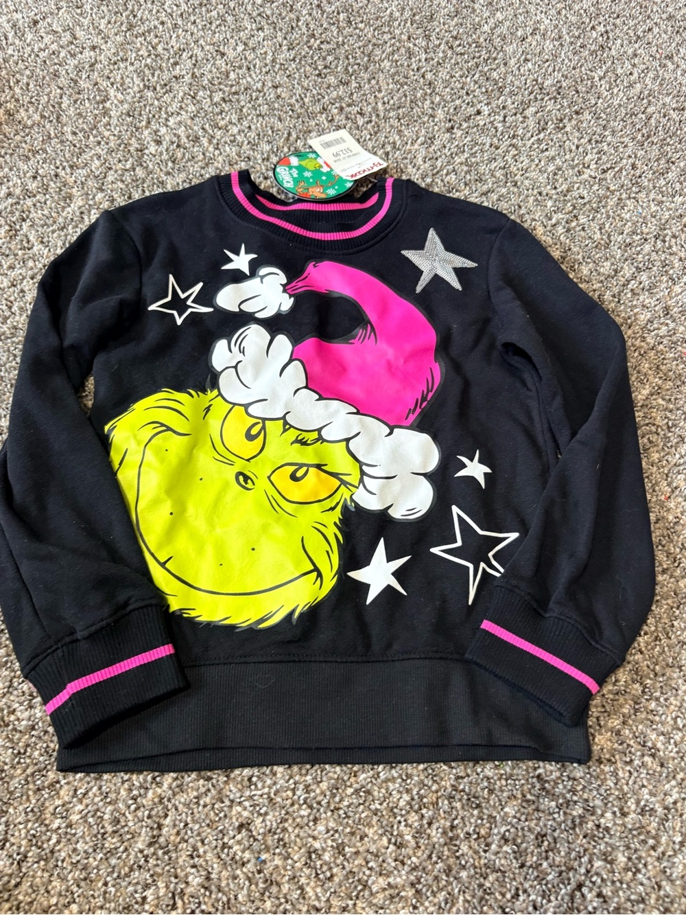 Hybrid Apparel Black Kids Grinch Sweatshirt with Pink Hat and Yellow Face